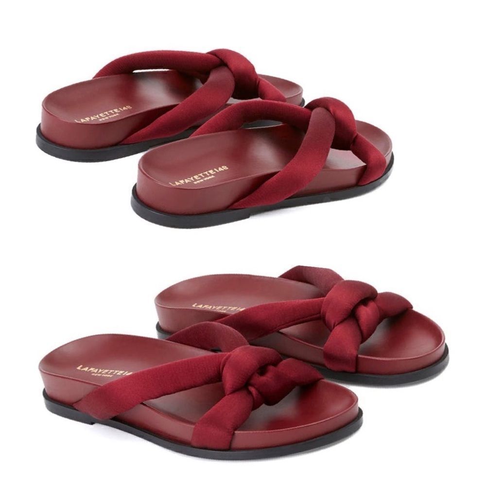 Lafayette 148 Honore Satin Strap Slip on Slide Flat Sandals Burgundy Size 7 NEW